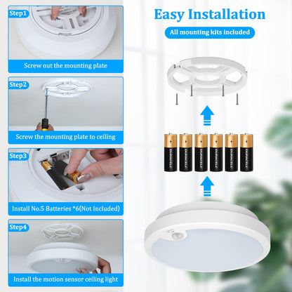 2-Pack Motion Sensor LED Ceiling Light Battery Operated, 7.2inch Flush Mount Light Fixture 6000K, Wireless Motion Activated Ceiling Lamp in 300LM for Closet Pantry Laundry Stair(Battery Not Included)