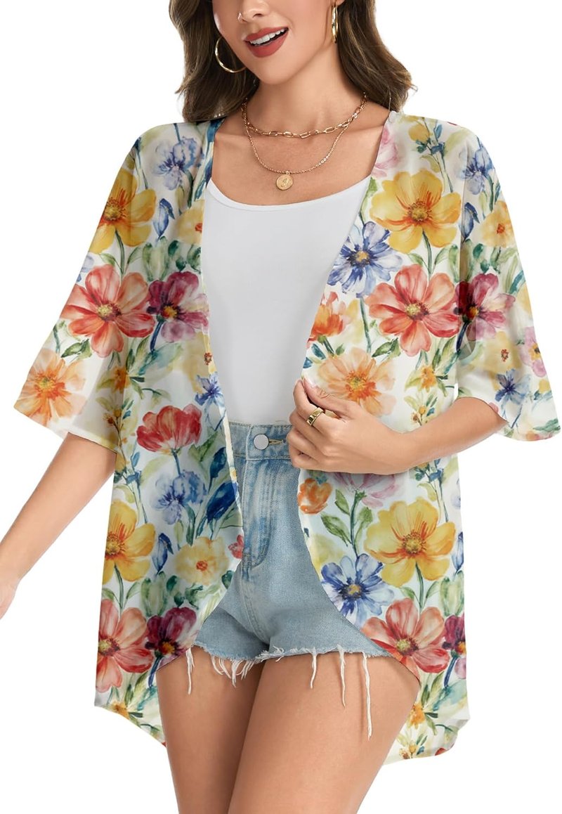 Beach Vacation Kimono Cardigan for Women - Puff Sleeve Loose Fit Cover Up | Casual Blouse Top