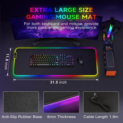 Hcman RGB Gaming Mouse Pad, Large Mousepad with Led Light, PC Gaming Accessories Black Keyboard Pad for Desk, Non-Slip Rubber Base XXL Big Mouse Mat for Gamer Boy Men Gift (31.5 X 12 Inch)