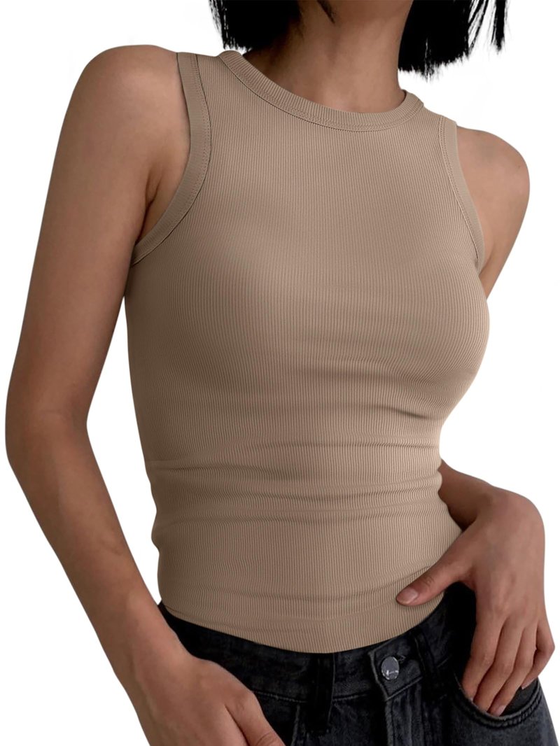 ANRABESS Womens Sleeveless High Neck Tank Tops Fashion Summer Casual Basic Slim Fit Ribbed Racerback Top Shirt Clothes Light Coffee-XL