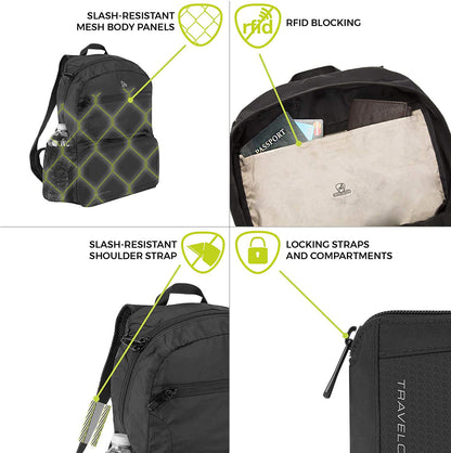 Travelon Anti-theft Packable Backpack Backpack, Black, Open 10.5 x 17 x 6 Packed 10.5 x 6 x 1, Anti-theft Packable Backpack