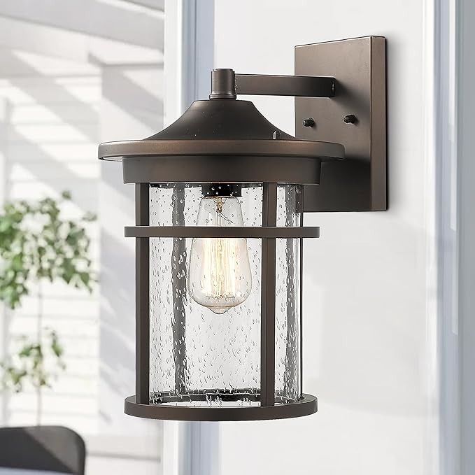 Bestshared Outdoor Wall Mount Light Fixture, Large Exterior Porch Wall Lantern, Outdoor Wall Light with Seeded Glass Shade (Oil Rubbed Bronze, 14" Height)