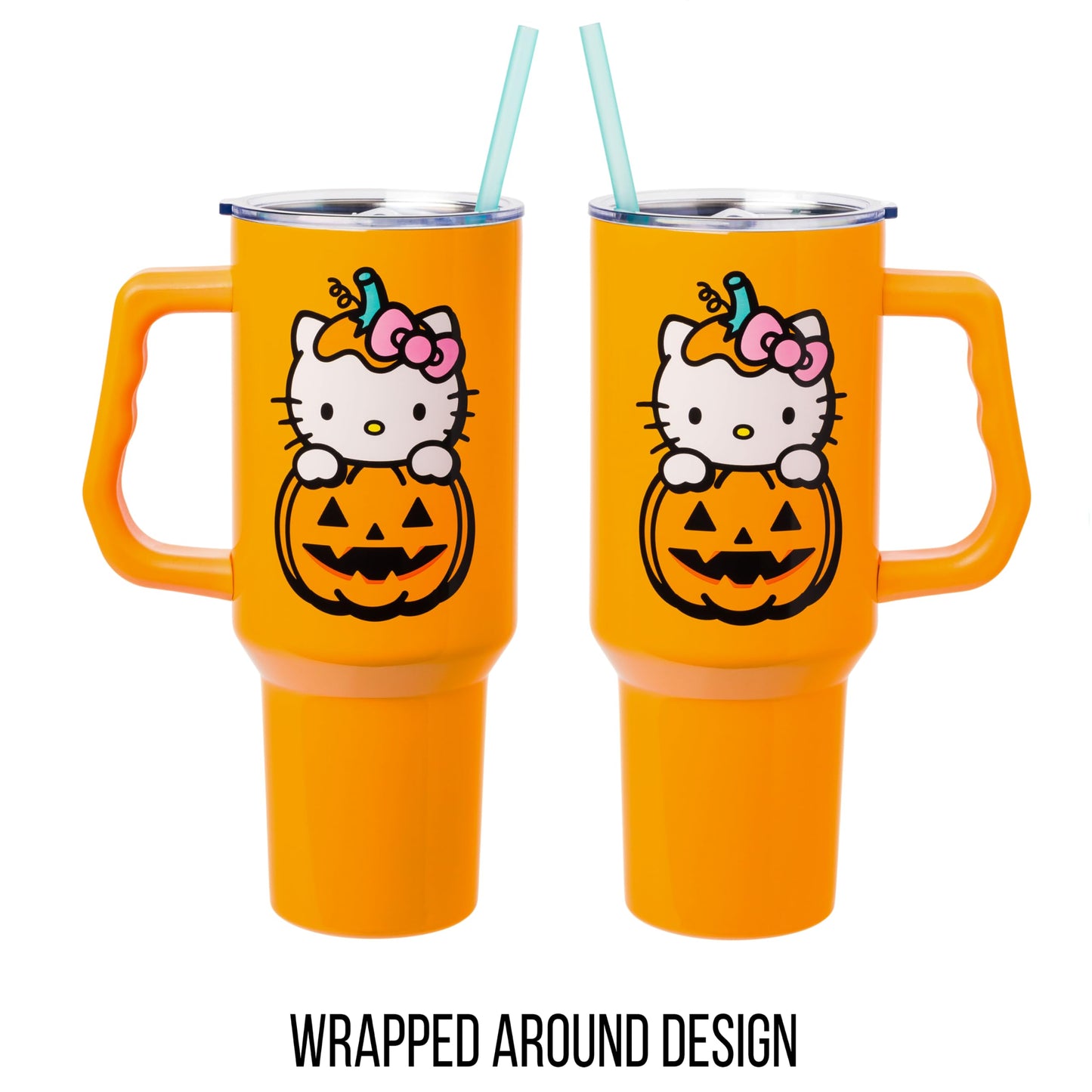 Silver Buffalo Sanrio Hello Kitty Halloween Jack-O-Lantern Stainless Steel Tumbler with Handle and Straw, Fits in Standard Cup Holder, 40 Ounces
