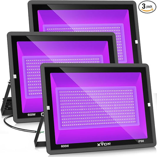 XYCN(3 Pack 600W LED Black Lights, 395nm to 410nm Outdoor IP66 Waterproof Flood Blacklight Light with Plug for Glow in The Dark, Dance Party, Stage Lighting, Body Paint, Neon Glow,Fluorescent Poster