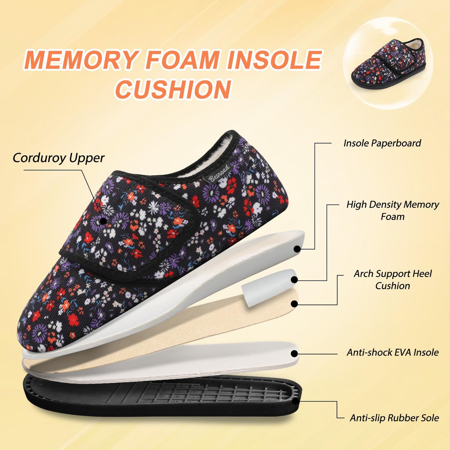 Besroad Winter Fuzzy House Slippers for Women Arthritis Edema Swollen Slippers Girls Fluffy Cozy Memory Foam Diabetic Shoes Flowers 8-9