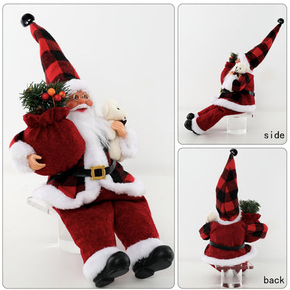 AnyDesign Christmas Sitting Santa Hand Crafted Cute Chic Santa Claus Figurines Doll with Gift Bag and Little Bear Christmas Decoration for Home Office Table Xmas Party Ornament Gift (12 Inch)
