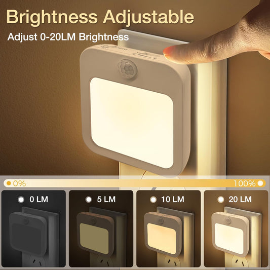 Dimmable Night Light Plug-in, Motion Sensor Plug in to Wall Night Light 3000K 2 Pack with On Off Auto Switch Adjustable Brightness for Hallway Bedroom Kids Room