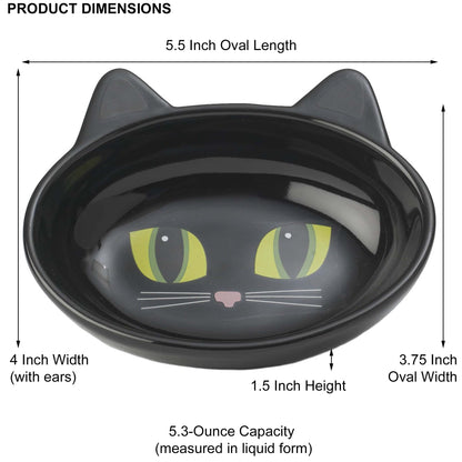 PetRageous 10011 Oval Frisky Kitty Stoneware Cat Bowl 5.5-Inch Wide and 1.5-Inch Tall Saucer with 5.3-Ounce Capacity and Dishwasher Safe is Great for Cats, Ceramic, Black