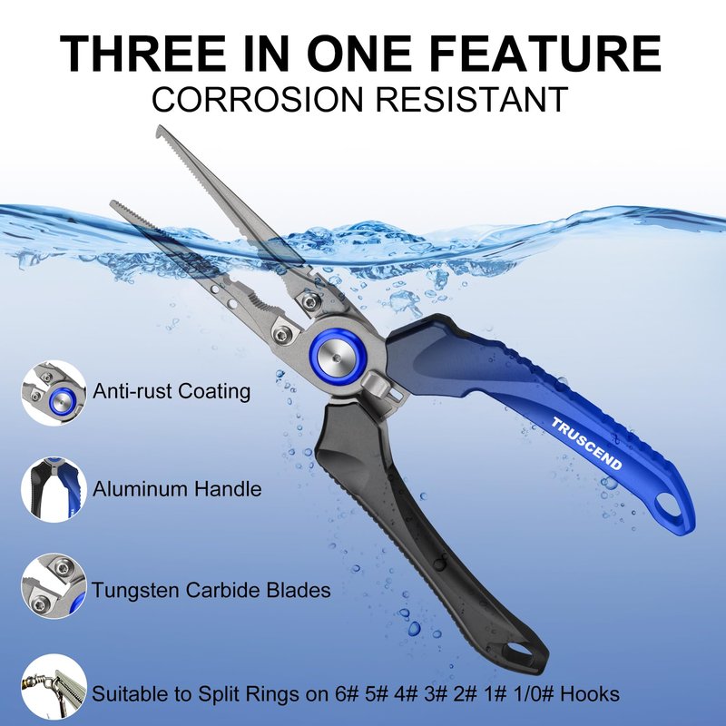 TRUSCEND Lockable Fishing Pliers with High Tungsten Carbide Cutter, Innovative Ergonomic Handy Handle, Saltwater Corrosion Resistant Teflon Coated Fishing Tool, Super Light Multi-Function Fishing Gear