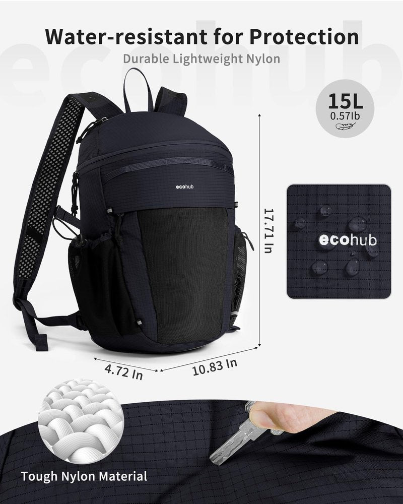 ECOHUB 15L Lightweight Casual Daypack, Packable Backpack for Daily Use, Hiking & Travel, Foldable Small Backpack with Stretch Mesh Pockets, Water-Resistant Nylon, Reflective Design