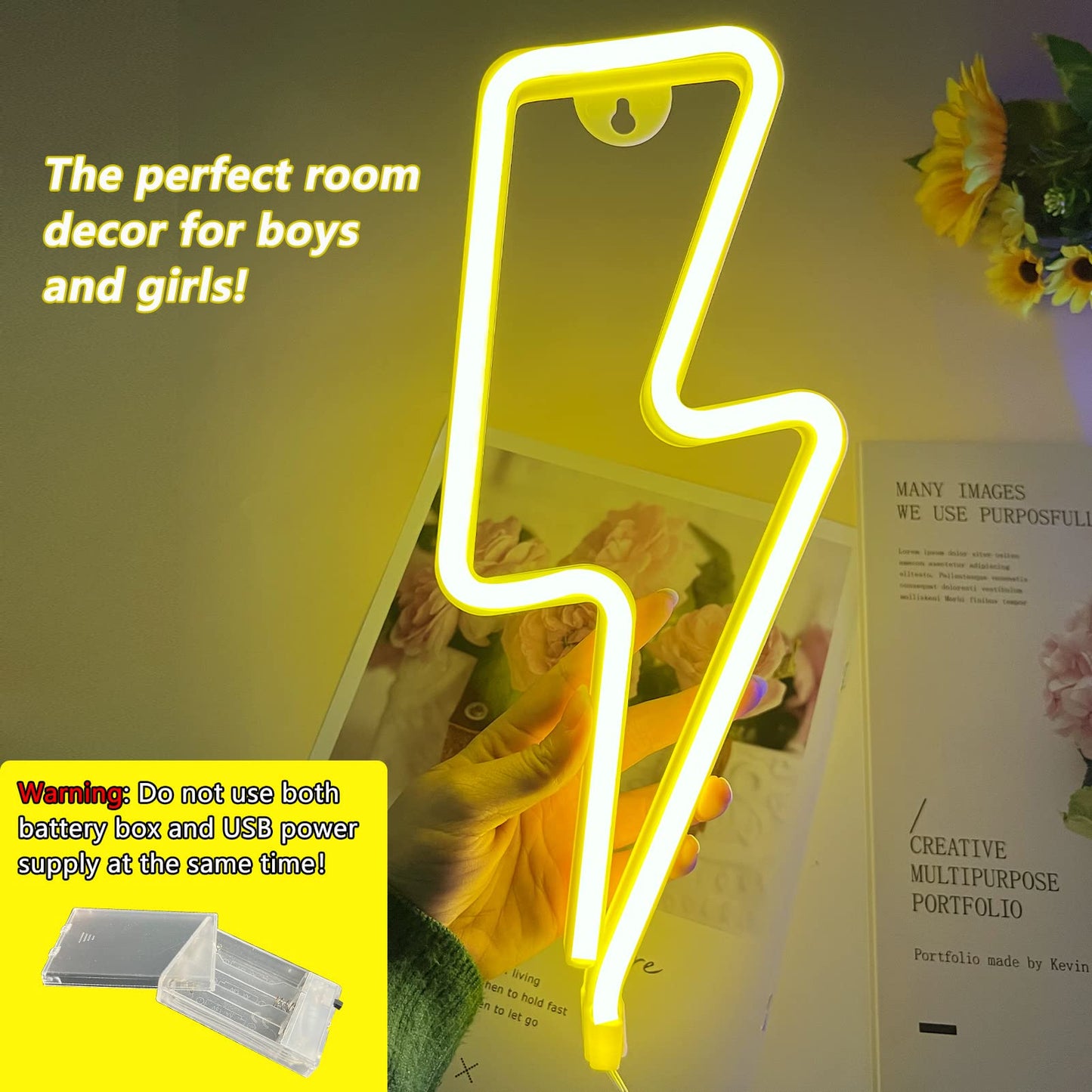 Neon Signs Lightning Bolt Neon Light Sign for Wall Decor, Battery or USB Powered Led Lightning Light Neon Sign for Bedroom, Kids Room, Birthday, Party, Wedding, Home,Kids Decorations Yellow