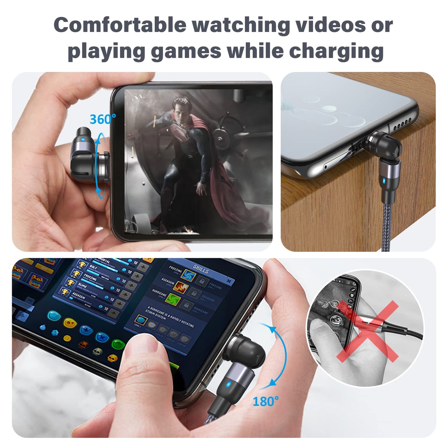 Aripps Magnetic Charging Cable 4 Pack (3.3ft/6.6ft/6.6ft/10ft), 540 Degree Rotating Magnet Phone Charger Cable, 3 in 1 Nylon Braided Magnetic USB Cable for Micro,Type C and iProduct Device