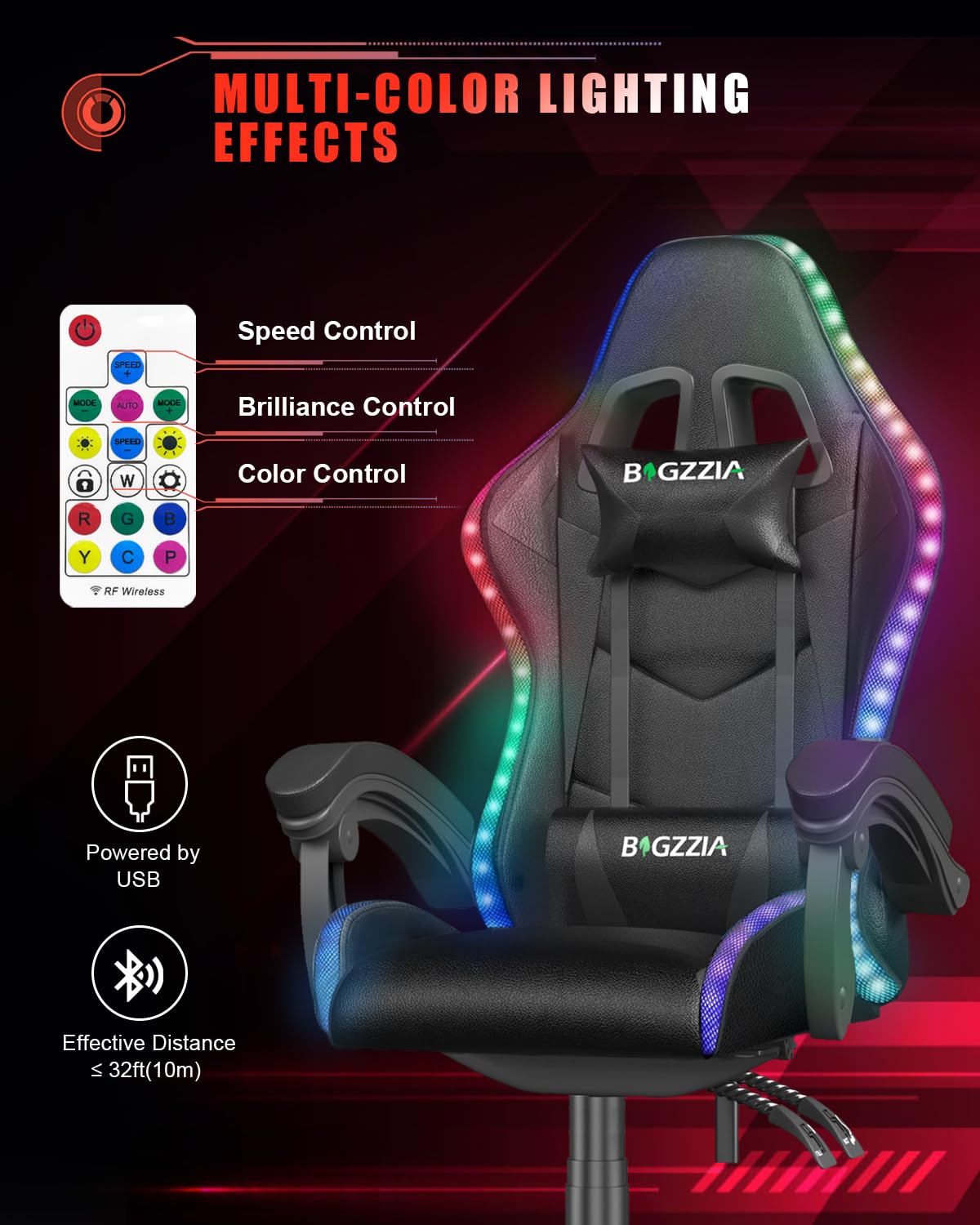 Bigzzia Gaming Chair with RGB LED Lights, High Back Ergonomic Computer Gamer Chair with Headrest and Lumbar Support, Racing Style Reclining Game Chair for Adults, Kids (Black)