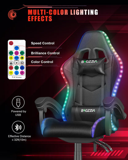 Bigzzia Gaming Chair with RGB LED Lights, High Back Ergonomic Computer Gamer Chair with Headrest and Lumbar Support, Racing Style Reclining Game Chair for Adults, Kids (Black)