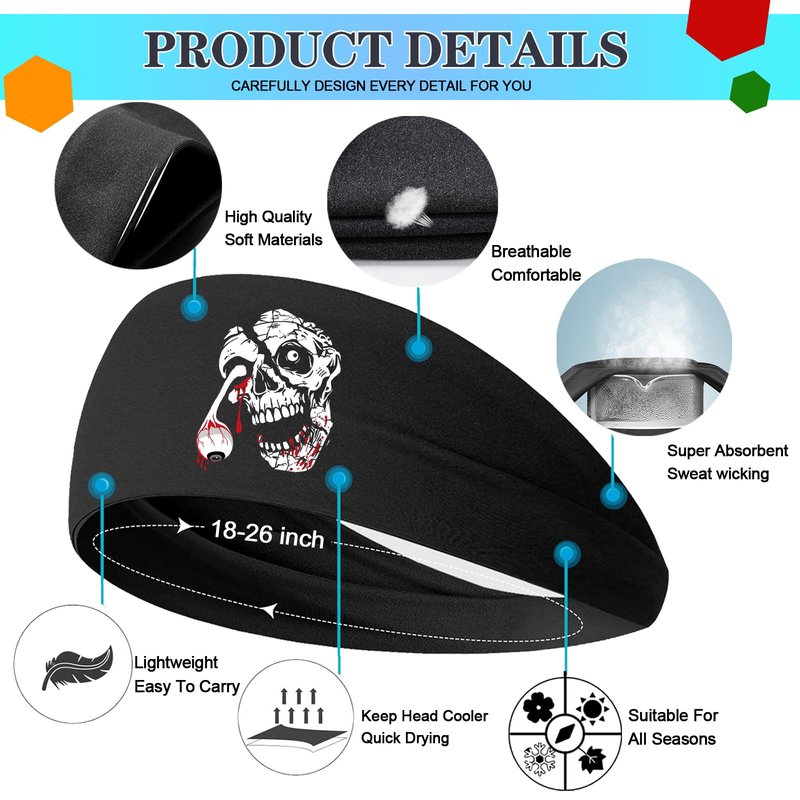 Sweat Band Headbands Men 3 Pcs Sport Sweatbands Headbands for Men Women Skull Workout Cooling Headband Mens Running Headband Head Band Mens Stretchy Hairband Gym Yoga Tennis Athletic