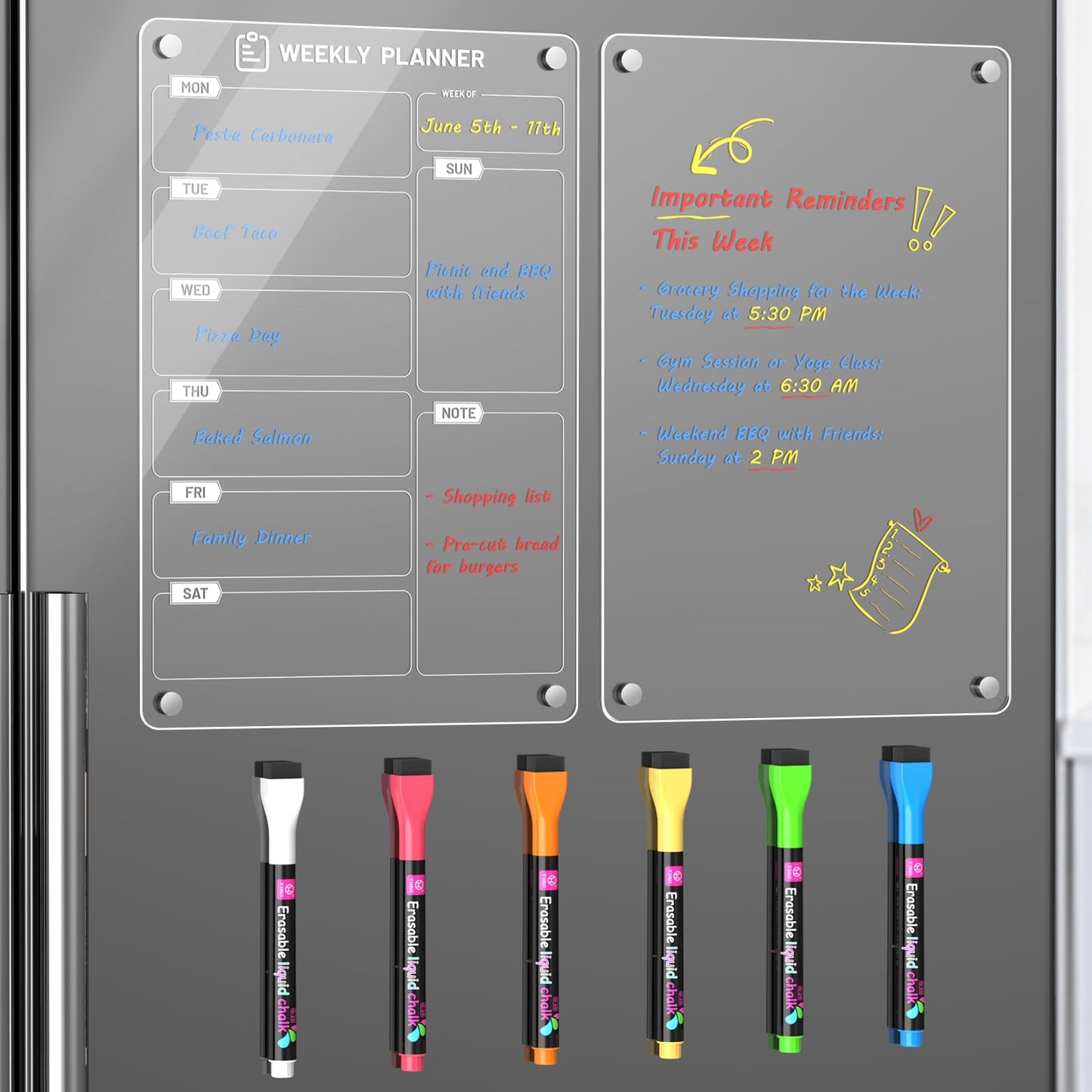 Langaelex 2 Set of Magnetic Weekly Planner for Fridge - Acrylic Meal Planner Boards with 6 Chalk Markers for Kitchen Home, Food Planning, Shopping List - A4 (20 x 30 cm)