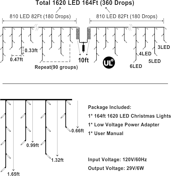 1620 LED 164ft Christmas Icicle Lights Outdoor,8 Modes Fairy Curtain Icicle String Lights with 360 Drops, Twinkly Lights Plug in Timerr Memory for Outdoor Holiday Wedding Party (Warm White)