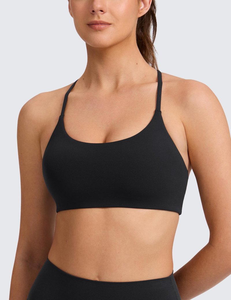 CRZ YOGA Butterlift Double Lined V Back Sports Bras for Women - Scoop Neck Spaghetti Strap Wireless Yoga Top Non Padded Black Small