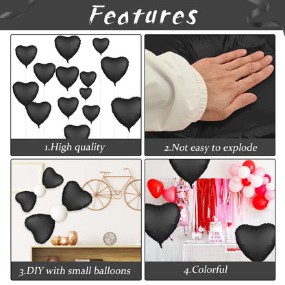 Foil Heart Balloons - 10 Black Heart Shaped Balloons, 18inch Metallic Foil for Valentines Day, Wedding, Birthday, Halloween Party