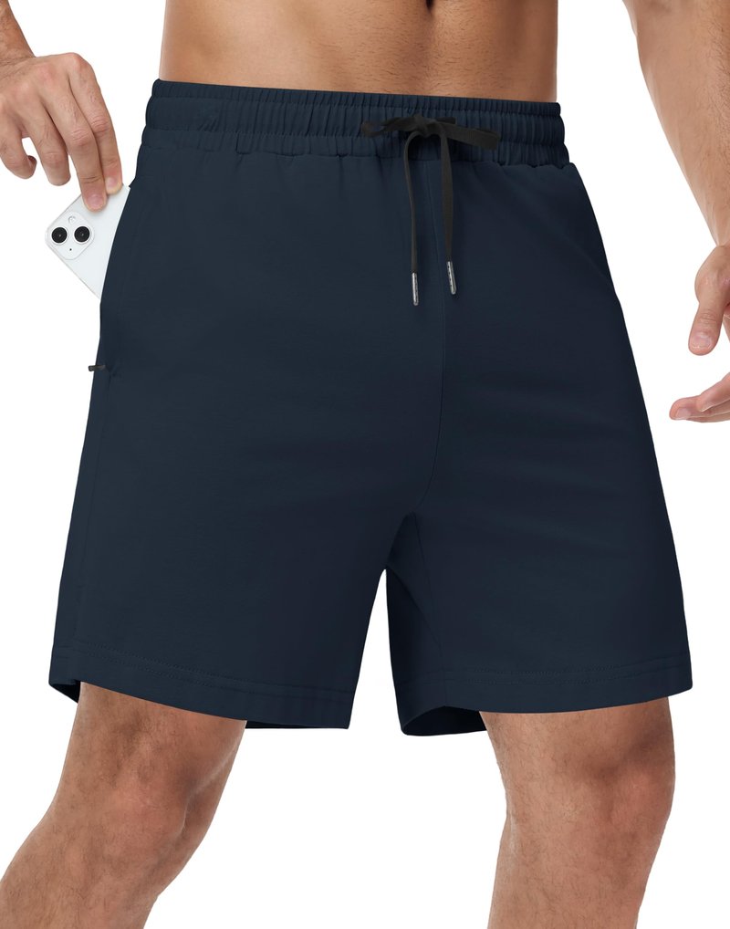 JWM Men's 7" Cotton Sweat Shorts - Ultra Soft Fleece Lounge Short with Zipper Pockets Elastic Waistband for Home Casual Navy