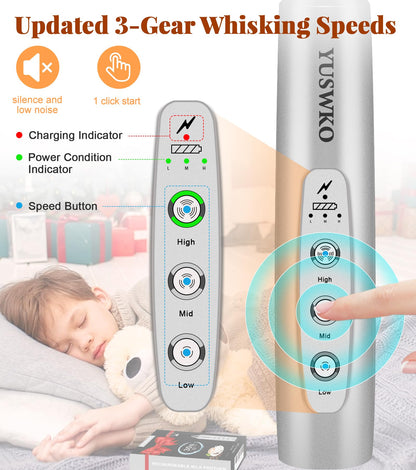 YUSWKO Black Handheld Milk Frother Wand for Coffee, Rechargeable Electric Whisk with 3 Heads 3 Speeds Drink Mixer Coffee Frother For Latte, Cappuccino, Hot Chocolate, Egg
