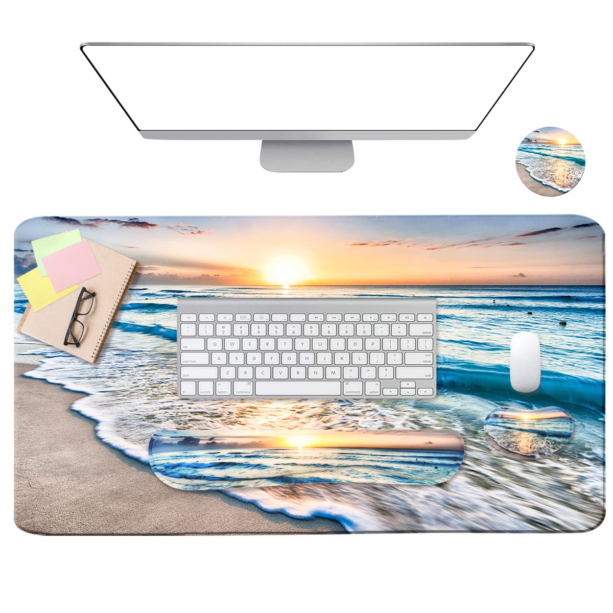 4-in-1 Large Gaming Mouse Pad, Keyboard Wrist Rest Pad & Wrist Support Mousepad Set, Extended Desk Pad Waterproof Desk Mat for Home Office Study Game-Beach