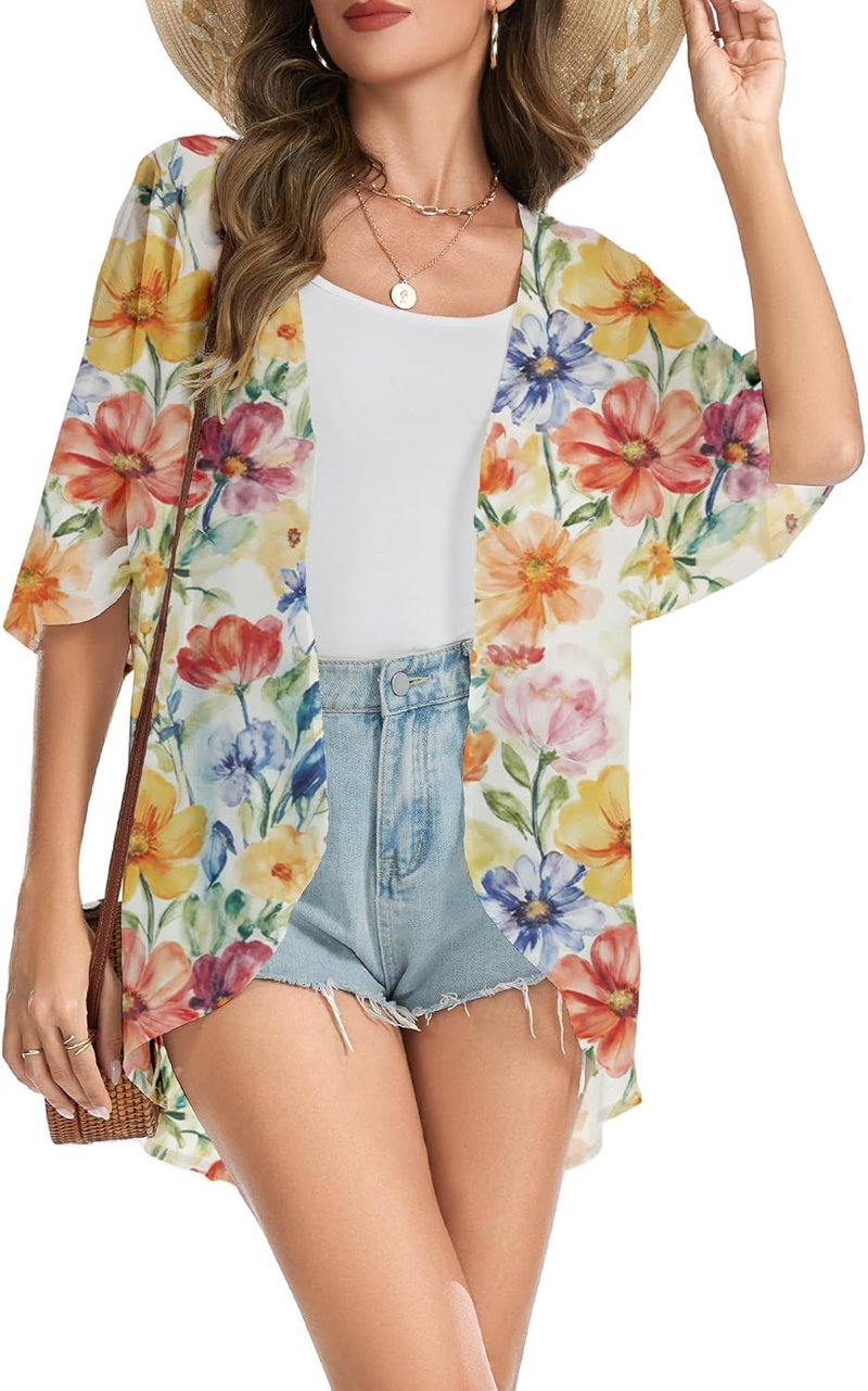 Beach Vacation Kimono Cardigan for Women - Puff Sleeve Loose Fit Cover Up | Casual Blouse Top