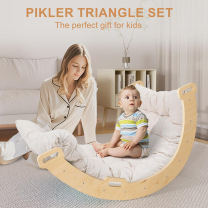 ElegantCrafts Pikler Triangle Set with Cushion, Montessori Climbing Set, Indoor Climbing Toys, Indoor Playground Jungle Gyms, 9 Combinations Climbing Toy Set for Toddler, Baby, Kids 1-4
