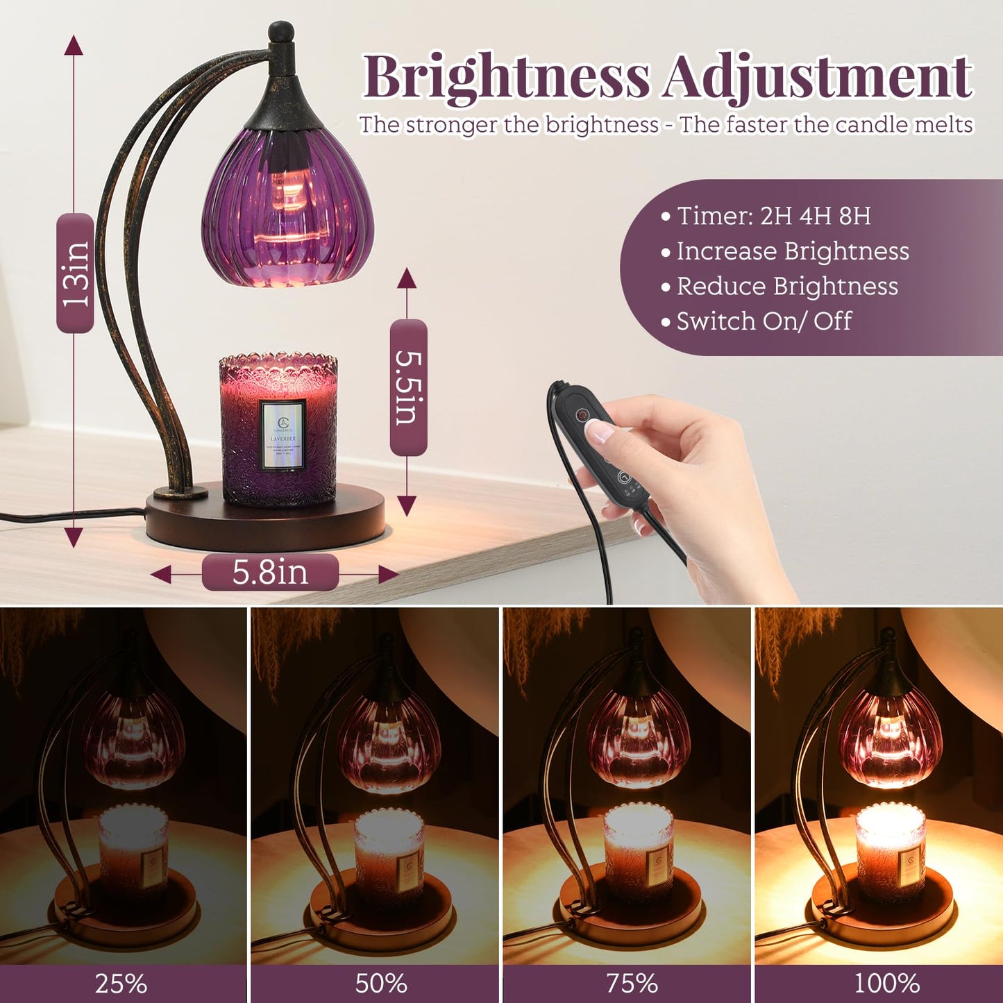 Candle Warmer Lamp with Timer Dimmer - Candle Light Warmer for Jar Candles with 2 Bulbs - Electric Candle Lamp Wax Warmer for Scented Wax Housewarming Gifts New Home Decor for Women Purple Black