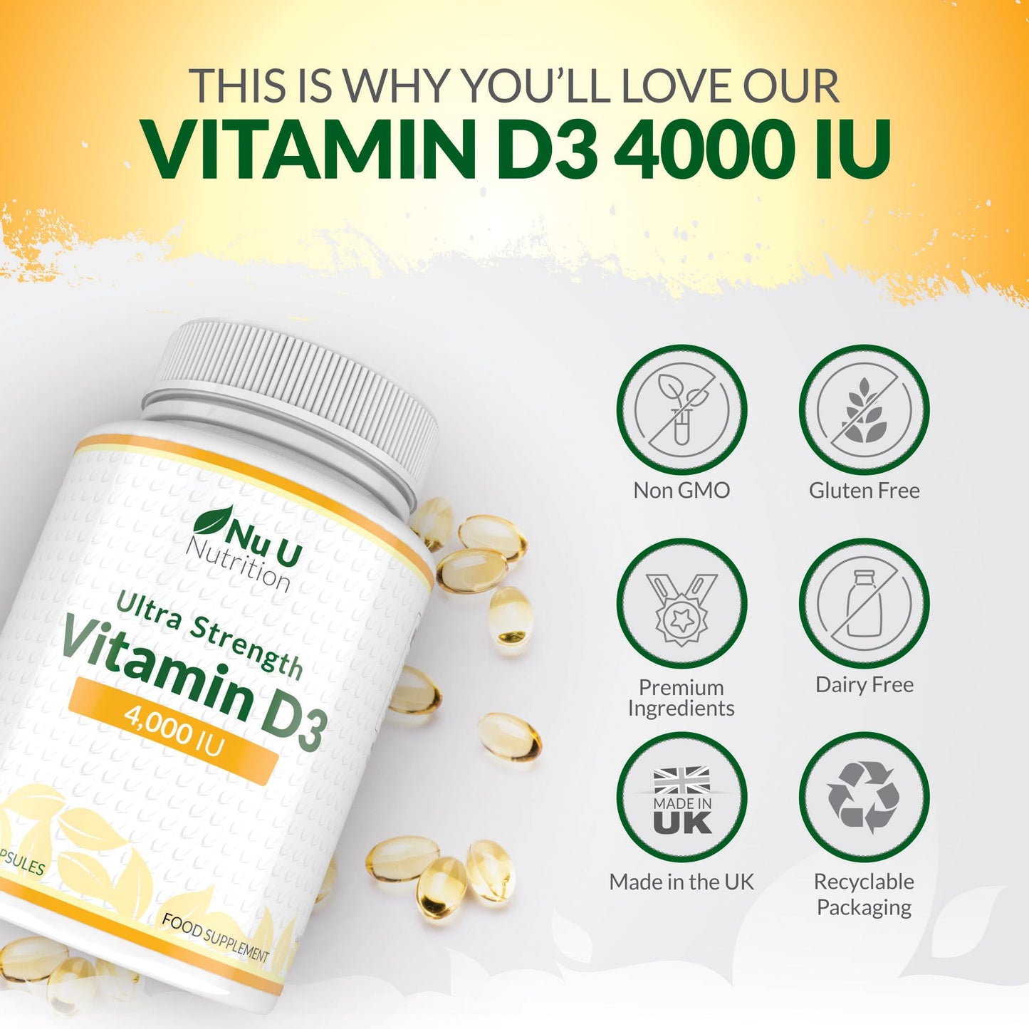 Nu U Nutrition - Vitamin D 4000 IU - 365 Softgel Capsules not Tablets - 1 Year Supply - Quadruple Strength -Easy to Swallow - Vitamin D3 Supplement - Made in The UK