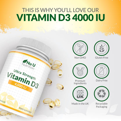 Nu U Nutrition - Vitamin D 4000 IU - 365 Softgel Capsules not Tablets - 1 Year Supply - Quadruple Strength -Easy to Swallow - Vitamin D3 Supplement - Made in The UK