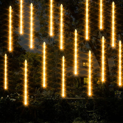 FUNPENY Meteor Shower Rain Lights, 288 LED Christmas Lights Icicle Snow Falling Outdoor Raindrop Light, Xmas Tree Holiday Christmas Halloween Decoration, Warm White