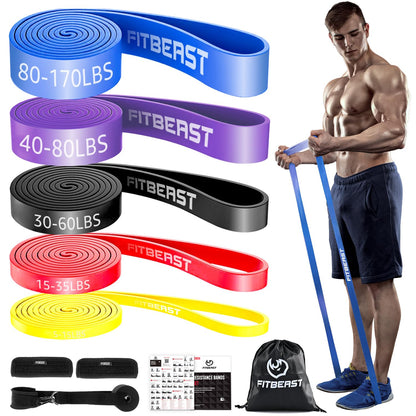 FitBeast Resistance Bands Set, 5 Levels Pull Up Bands for Bodyweight Training, Powerlifting, Muscle Building, Home Gym Workout, Stretching, Stretch Bands with Door Anchor (Bright Spectrum 5-170 LBS)