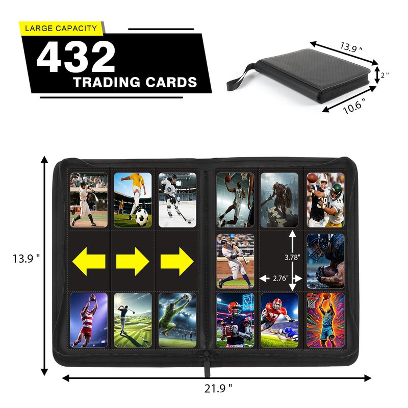 9-Pocket Card Binder - Holds 432 Cards, Premium Zippered Card Album Folder, 24 Side Loading Pages, Compatible with Penny Sleeves for Basketball Football, TCG, and Game Card Storage & Display(Black)