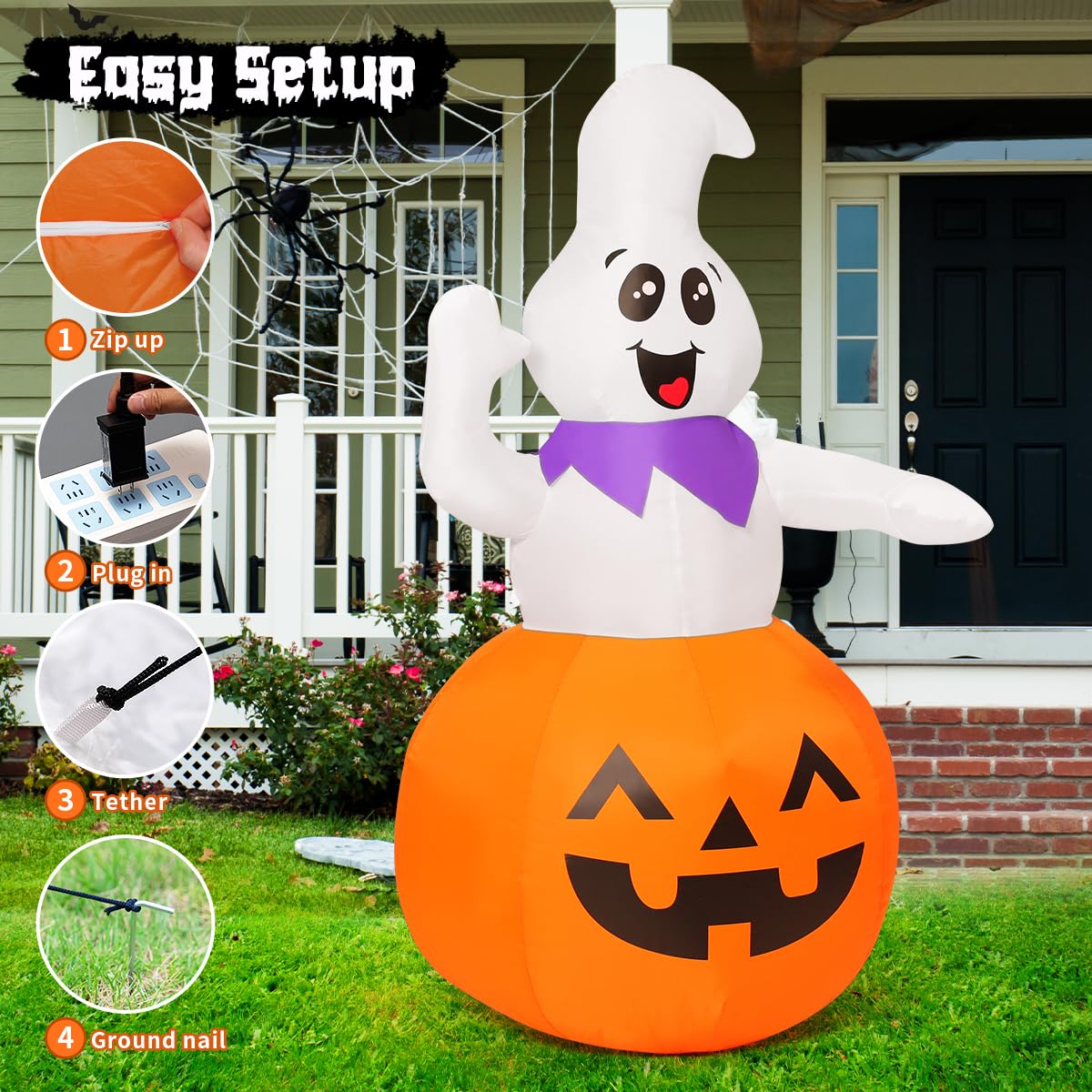 GOOSH 5 FT Halloween Inflatable Cute Pumpkin Ghost Outdoor Decorations Blow Up Yard Ghost in Pumpkin with Built-in LEDs for Indoor Party Garden Lawn Decor