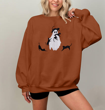 LUKYCILD Halloween Spooky Season Sweatshirt Women: Oversized Black Cat Ghost Sweatshirts Fall Embroidered Pullover Top