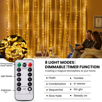 Christmas Curtain Lights 3m x 3m 300 LED, Curtain Fairy Lights Indoor/Outdoor, 8 Modes Remote Window Lights Adjustable Brightness, Curtain Light Warm White for Bedroom, Garden,Party,Christmas
