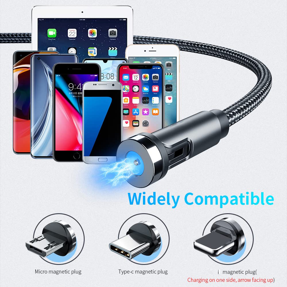 Bojianxin 540° Rotation 3 in 1 Magnetic Charging Cable (7-Pack, 1.6ft/3.3ft/6.6ft/6.6ft/10ft/10ft, Magnet Phone Charger Compatible with Micro USB, Type C Device, black, (NEW-7PACK)