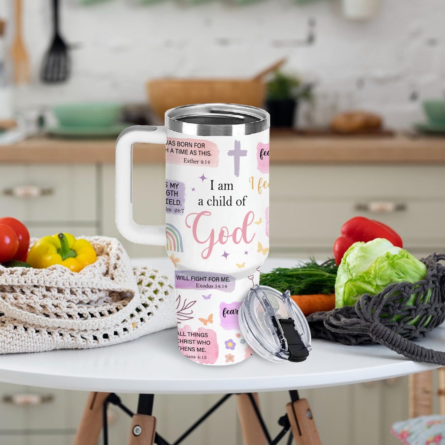 Christian Gifts for Women 40oz Tumbler - I Am a Child of God Insulated Travel Mug with Handle & Straw - Birthday Christmas Gifts, Inspirational Religious Catholic Baptism Confirmation Gift for Her