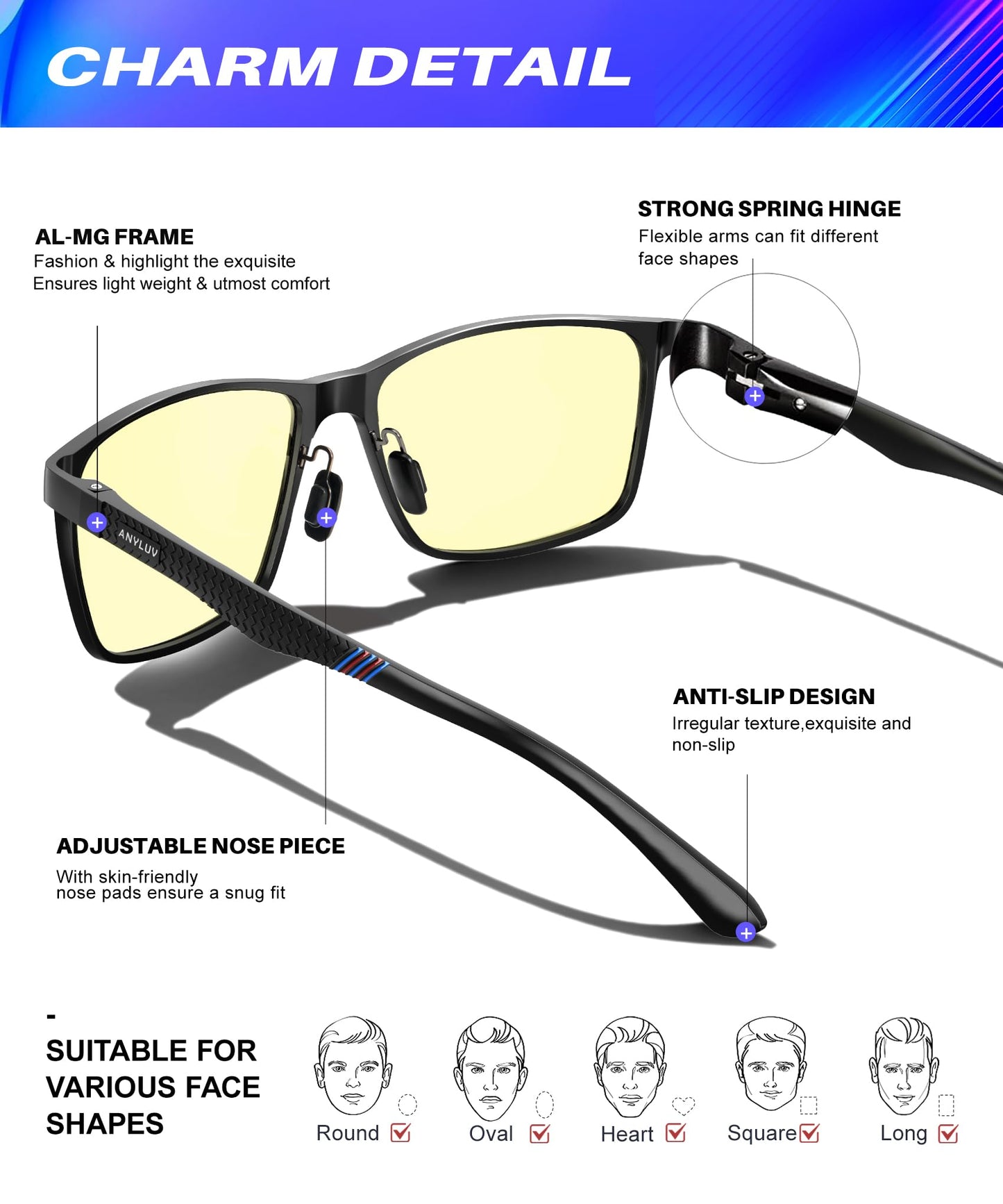 ANYLUV Blue Light Glasses Men/Women, Al-Mg Metal Computer Blue Light Blocking Glasses, Relieve Eyestrain and Eye Protection