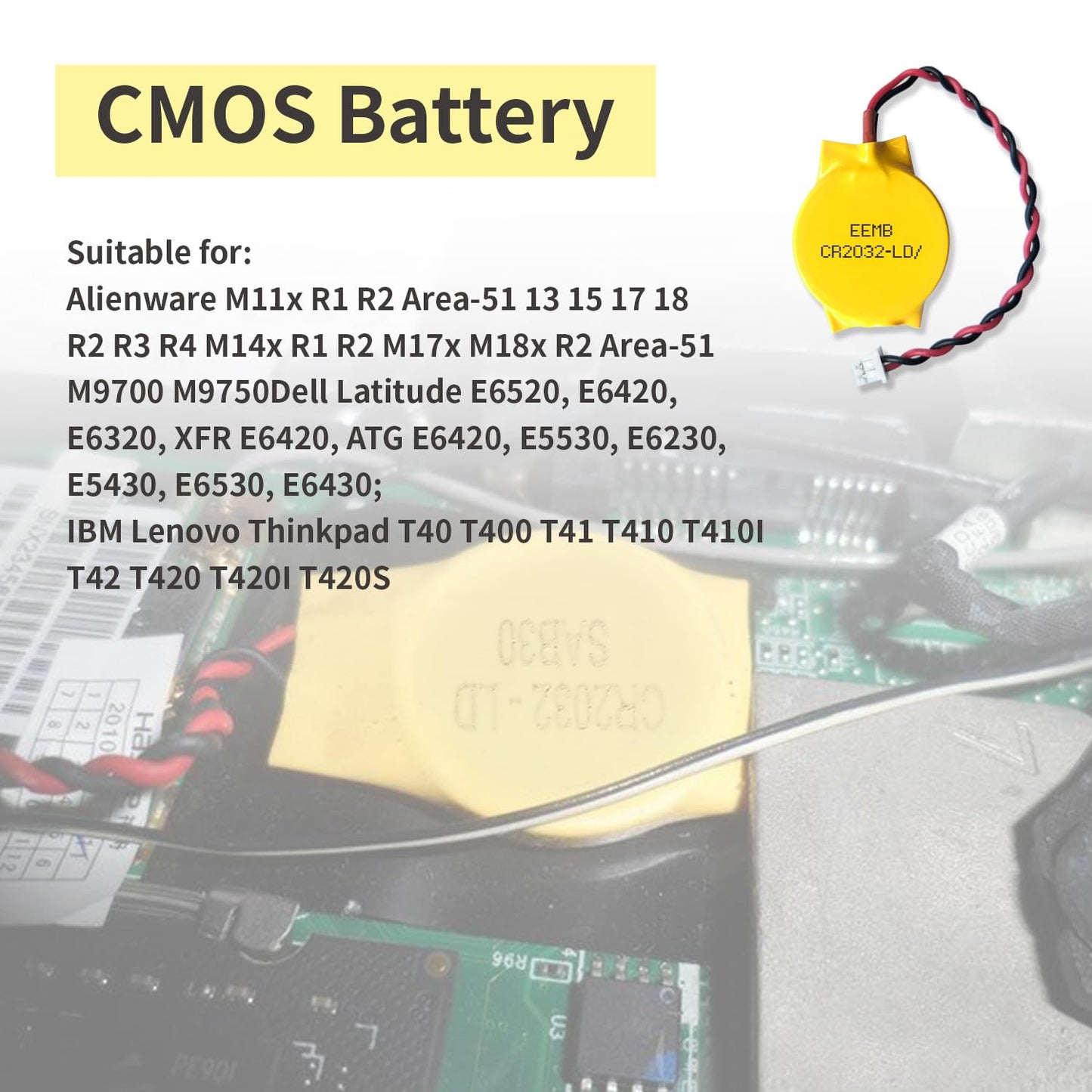 EEMB 10-Pack CMOS Battery CR2032 3V Lithium Battery with 2 Pin 2 Wire Cable and MOLEX Connector CMOS Replacement for Alienware M11 Dell E6520 Thinkpad T40 Motherboards