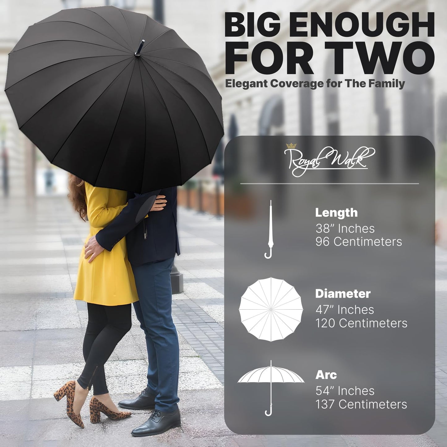 Royal Walk Windproof Umbrella Black Large 54 Inch Automatic Open for 2 Persons Stormproof for Men Women Classic Wooden Handle Lightweight Waterproof Durable Strong 16 Ribs Travel Golf Unisex 120cm