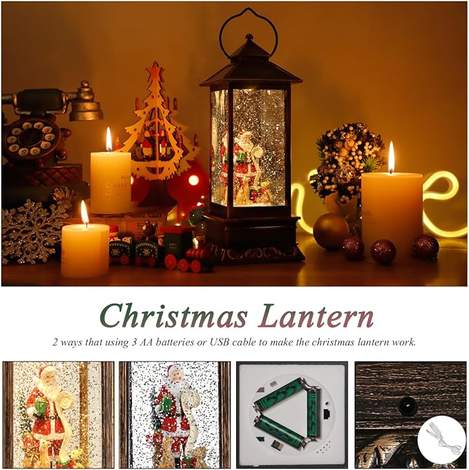 Christmas Musical Snow Globe Lantern with Timer, Lighted USB/Battery Operated Swirling Singing Water Glittering Lantern, Snow Globes for Adults and Children Christmas Decoration