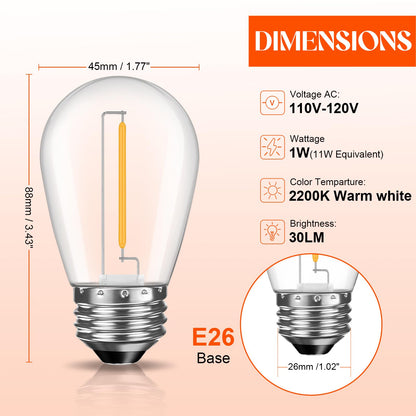 GvvooHome 36 Pack S14 LED Bulbs for Outdoor String Lights, Shatterproof Replacement Edison Bulbs for Patio String Lights Outdoor Waterproof, Warm White 2200K, Dimmable, E26 Standard Base