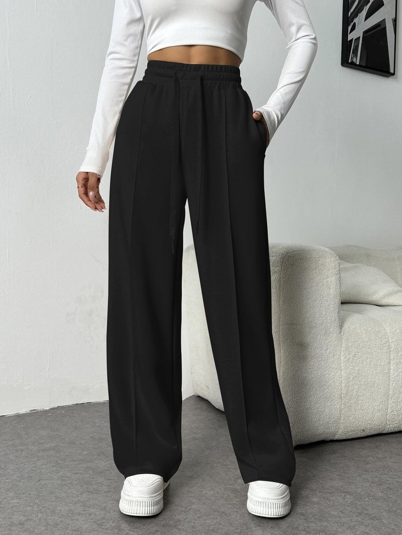 PINSPARK Women Wide Leg Sweatpants Elastic High Waisted Drawstring Casual Pants Straight Leg Long Pant with Pockets Black M