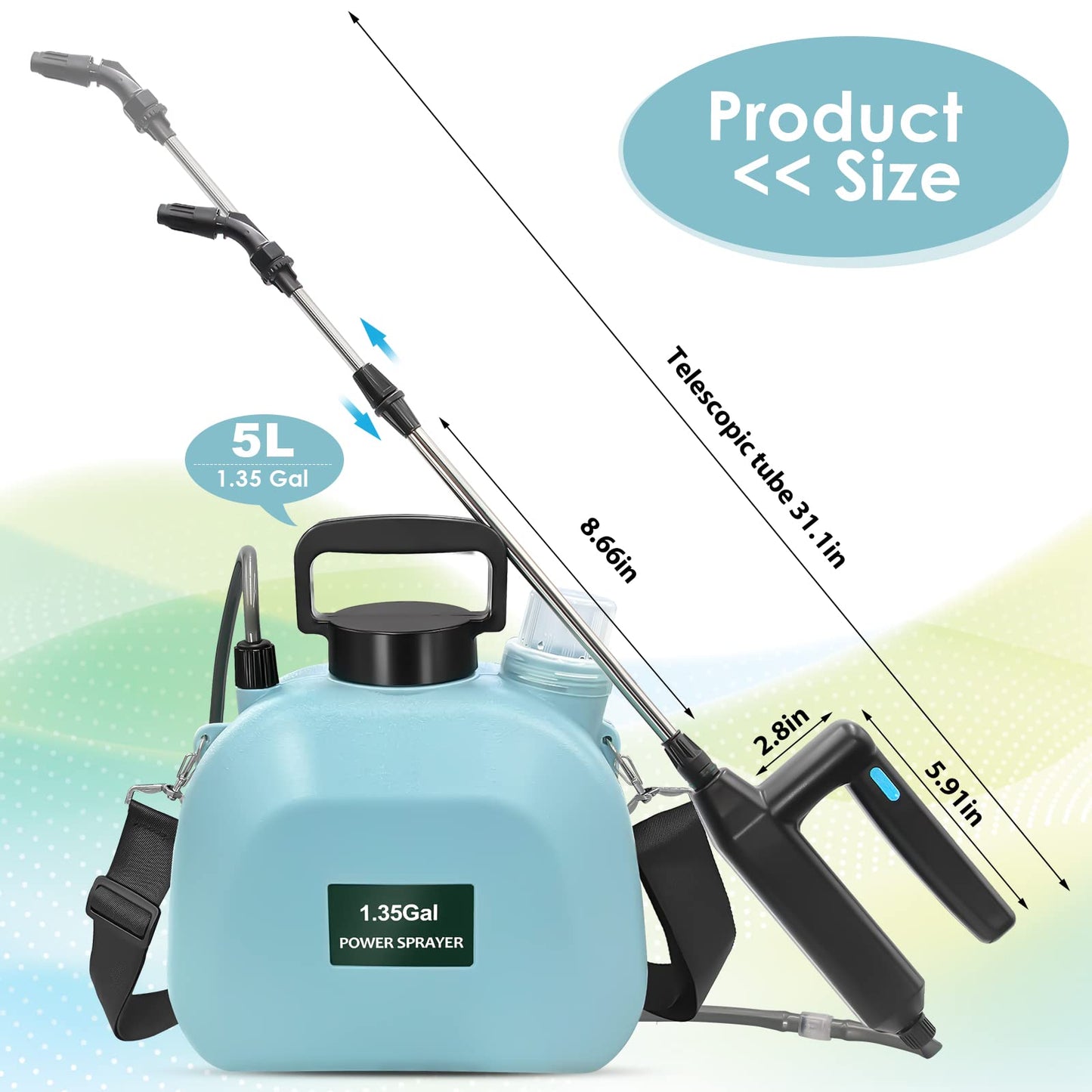 Battery Powered Sprayer 1.35Gallon, Upgrade Garden Sprayer with 3 Mist Nozzles, USB Rechargeable Handle and Retractable Wand with Adjustable Shoulder Strap for Lawn,Garden,Cleaning