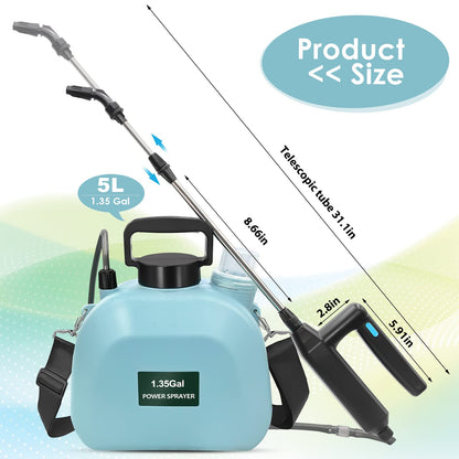 Battery Powered Sprayer 1.35Gallon, Upgrade Garden Sprayer with 3 Mist Nozzles, USB Rechargeable Handle and Retractable Wand with Adjustable Shoulder Strap for Lawn,Garden,Cleaning