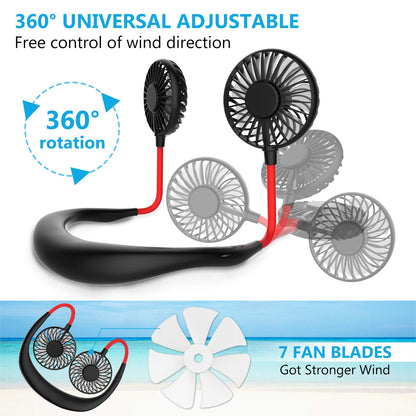 Portable Neck Fan, Handsfree Mini USB Neck Fan Rechargeable Wearable Neckband Fan, Desk Fan, Necklace Fan with Dual Wind Head 3 Speeds LED Light for Traveling Sport Outdoor Camping Office (Black)