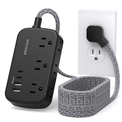 Flat Extension Cord, BESHON 5FT Flat Plug Power Strip with USB C, 6 Outlets 4 USB Port(2 USB C), No Surge Protector, Cruise Ship, Dorm Room Travel Essentials