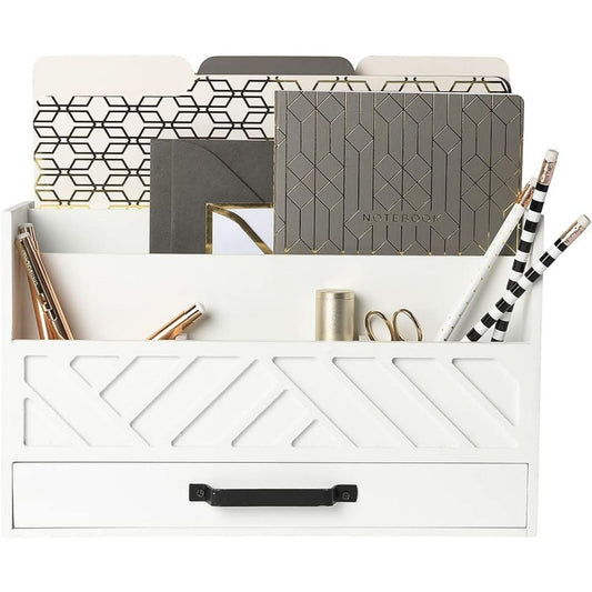 BLU MONACO Mail Organizer Countertop Kitchen – White Wood Desk Storage with Drawer – Mail Sorter or Bill Holder for Desk – Farmhouse Accessories & Mail Basket for Counter